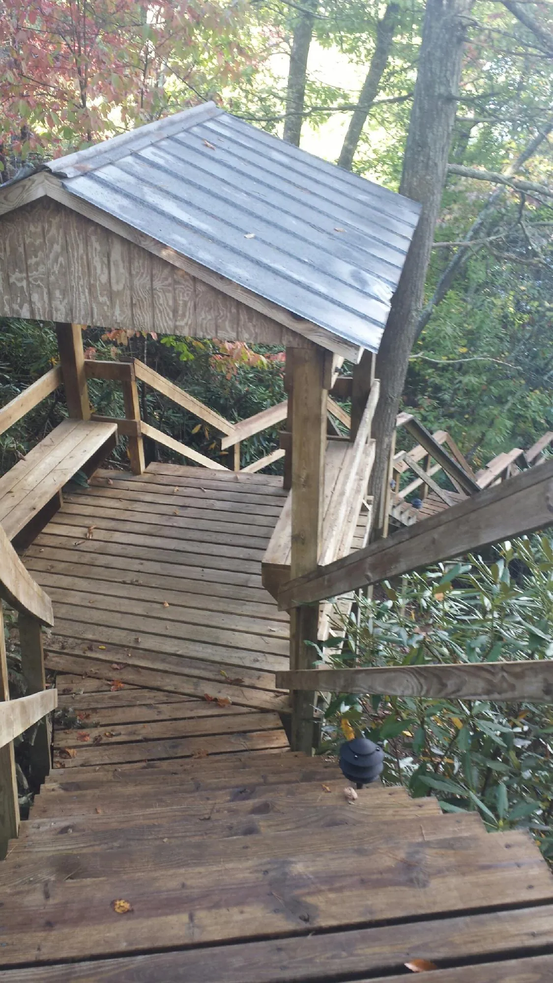 Metal roofed shelter over wooden steps on a wooded walkway — Skylight Repair & Installation work by our crew in Cedar Park