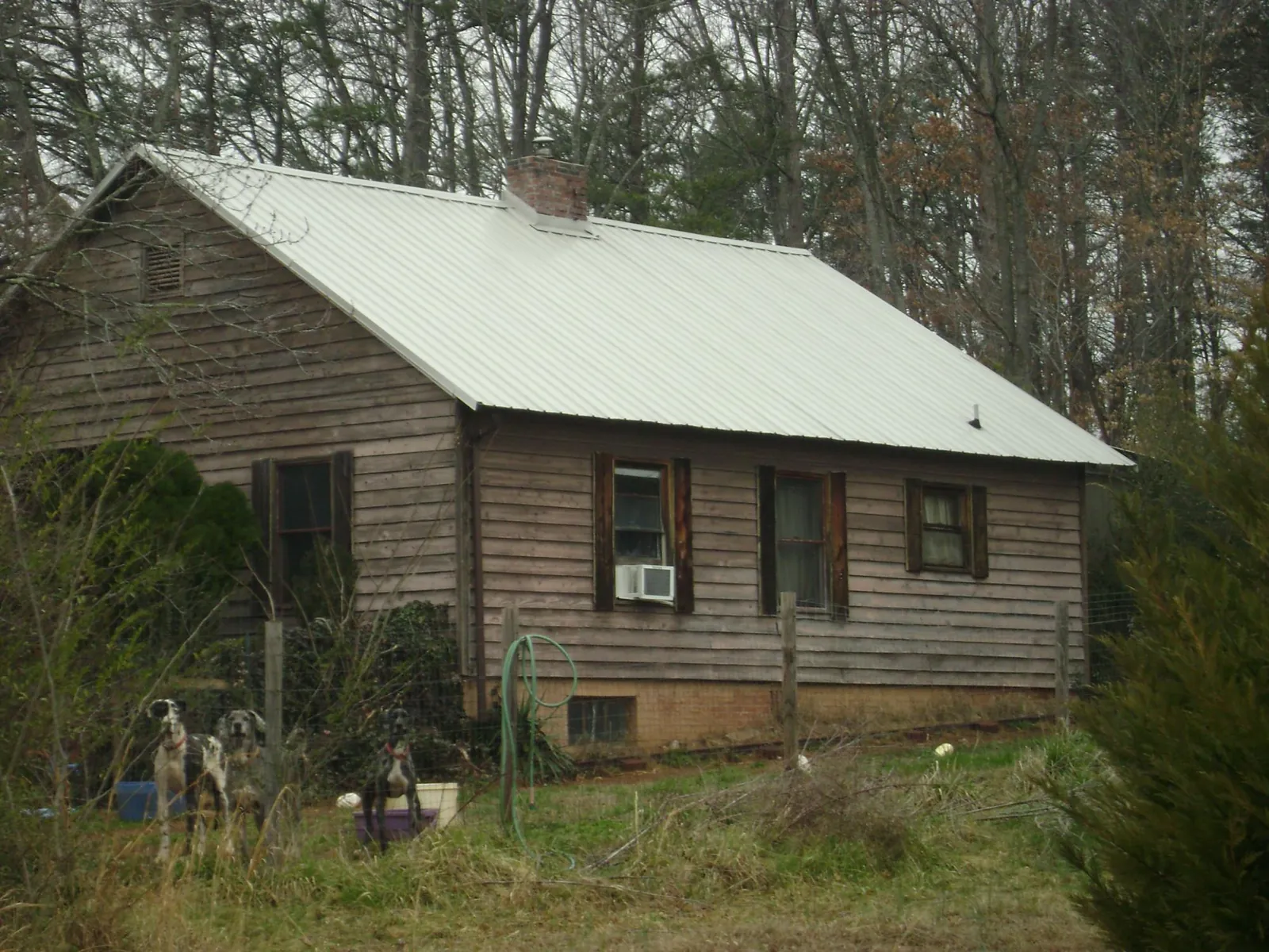 White metal roof on an old wood sided farmhouse, from a Asphalt Shingle Roof Repair job in Cedar Park